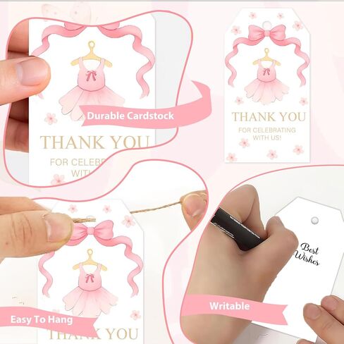 50Pcs Ballet Thank You Tags Ballerina Party Decorations Pink Bow Ballerina Dress Gift Tag with String for Girls Birthday Baby Shower Party Favors in Saudi Arabia