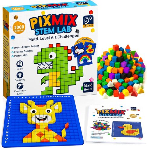 PIXMIX Pixel Building Art Kit for Kids Ages 5+ – STEM Toy for Boys & Girls, Creative Learning & Sensory Activity – 16x16 Board, 1000 Pieces, 200+ Multi-Level Challenges in Saudi Arabia