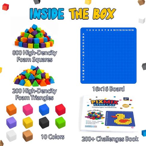 PIXMIX Pixel Building Art Kit for Kids Ages 5+ – STEM Toy for Boys & Girls, Creative Learning & Sensory Activity – 16x16 Board, 1000 Pieces, 200+ Multi-Level Challenges in Saudi Arabia