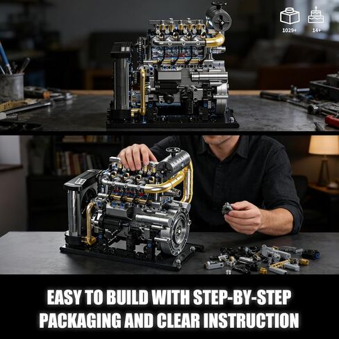 Diesel Engine Model Kit That Runs for Adults, MOC Mini Inline 4-Cylinder Diesel Engine Building Set with Motor, Compatible with Lego, Mechanical Engineering STEM Toy for Teens (1029 PCS) in Saudi Arabia