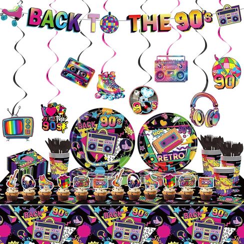 80s Birthday Decorations Party Supplies, 80's Themed Party Tableware 172pcs Serves 20 - Plates, Napkins, Cups, Cutlery, Tablecloth, Banner, Hanging Swirls, Cupcake Toppers for 80s Hip Pop Party in Kuwait