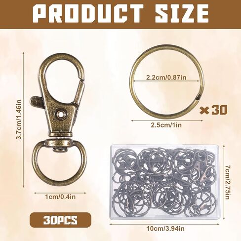 60 PCS in 30 Sets Swivel Snap Hooks with Key Rings, Metal Swivel Lobster Claw Clasps Brass Keychain Clasp Metal Key Chain Clip Hooks for Keychain Bracelet Jewelry Making Crafts (Bronze) in Saudi Arabia