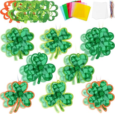 32Sets St. Patrick's Day Suncatchers Craft Kit DIY Shamrock Window Stained Glass Effect Paper Lucky Clover Home School Classroom Decoration Art Creative Activity Project Kid Gift Favor in Saudi Arabia
