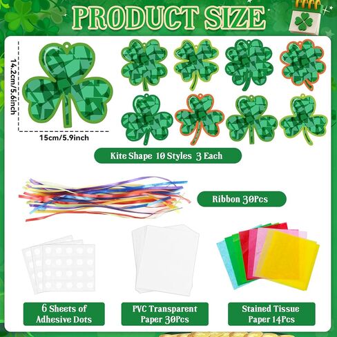 32Sets St. Patrick's Day Suncatchers Craft Kit DIY Shamrock Window Stained Glass Effect Paper Lucky Clover Home School Classroom Decoration Art Creative Activity Project Kid Gift Favor in Saudi Arabia