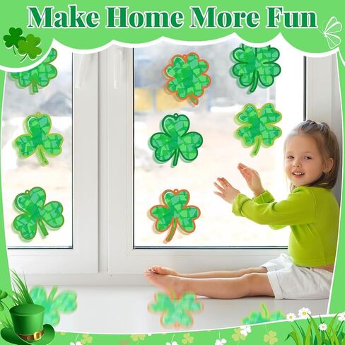 32Sets St. Patrick's Day Suncatchers Craft Kit DIY Shamrock Window Stained Glass Effect Paper Lucky Clover Home School Classroom Decoration Art Creative Activity Project Kid Gift Favor in Saudi Arabia