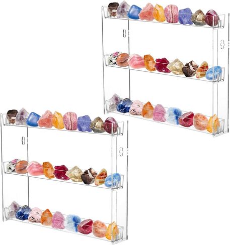 2 PCS Rock Display Case 3 Layer Acrylic Rock Collection Box Each Tier Holds 9 Stones Crystal Clear Display Case for Collectibles Gemstone Display Shelf Wall or Desktop for Mineral Gemstone Craft Figure Perfume Fossil Stone in Saudi Arabia