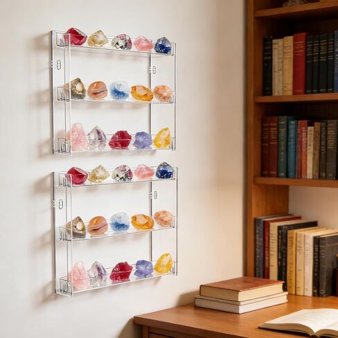 2 PCS Rock Display Case 3 Layer Acrylic Rock Collection Box Each Tier Holds 9 Stones Crystal Clear Display Case for Collectibles Gemstone Display Shelf Wall or Desktop for Mineral Gemstone Craft Figure Perfume Fossil Stone in Saudi Arabia