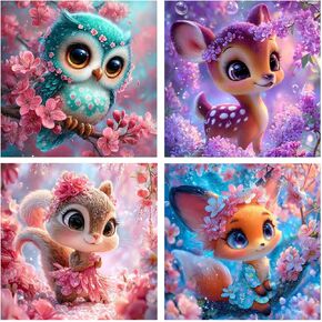 4 مجموعات من مجموعات الفن الماسي للأطفال - بومة حيوانات لطيفة، ثعلب، سنجاب وغزال - مجموعة حرفية للرسم الماسي مع أدوات وأحجار كريمة - نشاط فني لامع للفتيات والفتيان من سن 6 إلى 12 عامًا in Kuwait