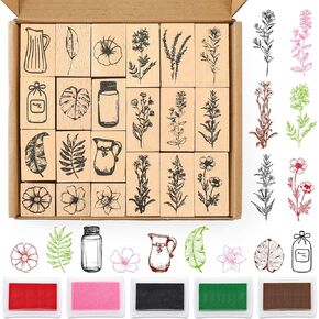 AnyDesign 26 Pcs Floral Wooden Rubber Stamps with Craft Ink Pads Vintage Flower Plant Botanical DIY Craft Stamps for Party Decor Scrapbooking Cards Making in Kuwait