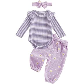 Kaipiclos Newborn Infant Girl Clothes Rib Knit Romper Daisy Print Pants Headband Baby Clothes for Girls 0 3 6 12 18 24 Months in Saudi Arabia