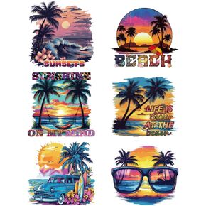 arricraft 6 Pcs Iron on Decals Patches, 6 Sizes Summer Beach Theme Iron on Stickers Coconut Trees Sunrise Hammock Heat Transfer Stickers Plastic Washable Patches for DIY Clothes Decor Backpacks Cover in Saudi Arabia