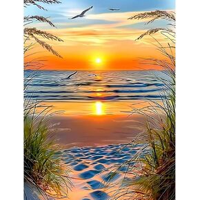 Skyboda Sunset on The Beach مجموعات الطلاء الماسي 5D للبالغين، مجموعة فنية ماسية من القصب على شاطئ البحر للمبتدئين، نقاط ماسية مستديرة كاملة مع أحجار كريمة فنية لتزيين جدران المنزل مقاس 12 × 16 بوصة in Kuwait