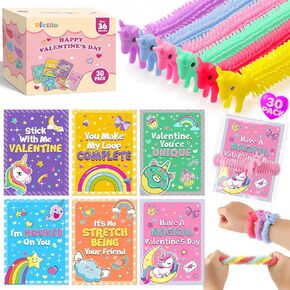 Valentines Day Cards for Kids School with Unicorn Stretchy String Toys, 30 Pack Valentines Party Favors with Unicorn Cards, Valentines Day Gifts for Kids, Classroom Prize Exchange for Boys Girls in Saudi Arabia