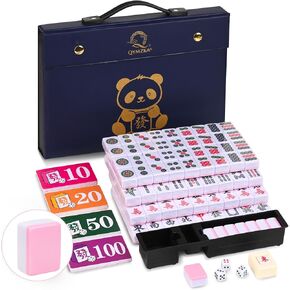 Chinese 1.25"(32MM) Small Purple Mahjong Set with Blue Vinyl Case -152 Melamine Tiles (144 + 8 Blank), Including Dice, Wind indicator,Chips & Mahjong Mat (Majiang)-Collector's Edition for Game Night in Saudi Arabia