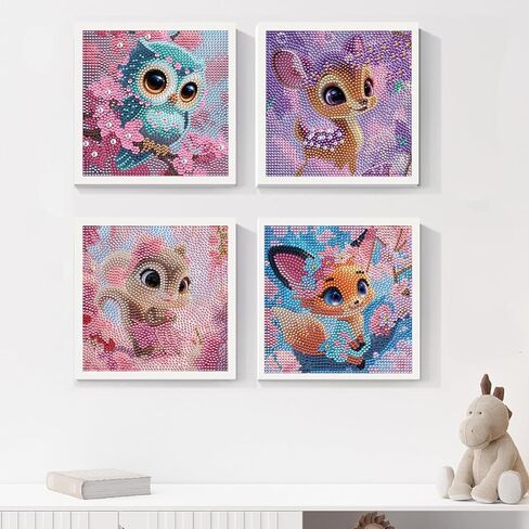 4 مجموعات من مجموعات الفن الماسي للأطفال - بومة حيوانات لطيفة، ثعلب، سنجاب وغزال - مجموعة حرفية للرسم الماسي مع أدوات وأحجار كريمة - نشاط فني لامع للفتيات والفتيان من سن 6 إلى 12 عامًا in Kuwait