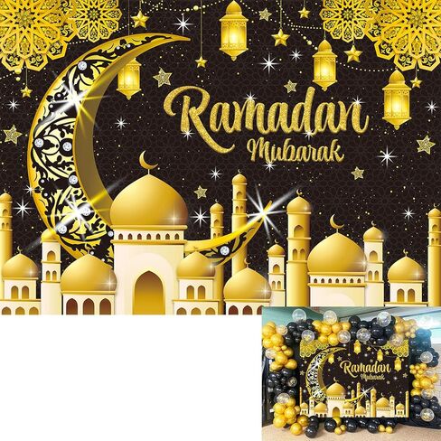 Ramadan Mubarak Backdrop Black Eid Mubarak Photography Background Ramadan Eid Mubarak Moon Party Decorations Banner Booth Props (7x5FT(82 x 59 inch)) in Saudi Arabia