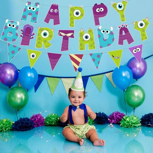 3 Pcs Monster Birthday Banner and Garland - Cute Monster Theme Party Decorations for Kids Birthday, Baby Shower, Boys Girls Celebration Supplies in Saudi Arabia