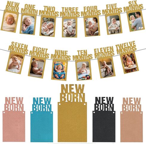 1St Birthday Photo Banner for Baby from Newborn to 12 Months,First Birthday Decorations Boy or Girl Monthly Milestones Garland,4X6,5X7 Paper Photo Banner Pre-Strung with Frame(Black photo frame) in Saudi Arabia