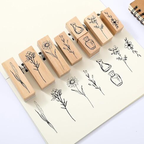 8 Pcs Vintage Wooden Rubber Stamps, Retro Flower Scrapbooking Stamps for Crafting, Decorative Cute Rubber Stamp Set for DIY Craft Journals Scrapbooking Painting Letters Diary and Card Making in Saudi Arabia