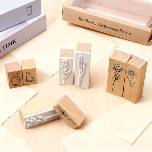 8 Pcs Vintage Wooden Rubber Stamps, Retro Flower Scrapbooking Stamps for Crafting, Decorative Cute Rubber Stamp Set for DIY Craft Journals Scrapbooking Painting Letters Diary and Card Making in Saudi Arabia