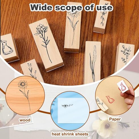 8 Pcs Vintage Wooden Rubber Stamps, Retro Flower Scrapbooking Stamps for Crafting, Decorative Cute Rubber Stamp Set for DIY Craft Journals Scrapbooking Painting Letters Diary and Card Making in Saudi Arabia
