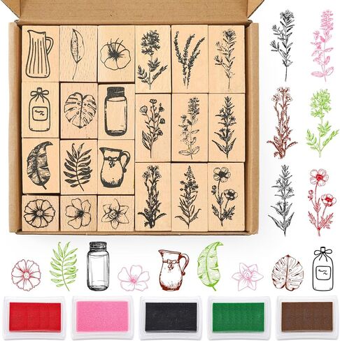 AnyDesign 26 Pcs Floral Wooden Rubber Stamps with Craft Ink Pads Vintage Flower Plant Botanical DIY Craft Stamps for Party Decor Scrapbooking Cards Making in Saudi Arabia