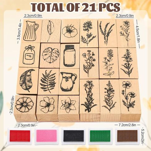 AnyDesign 26 Pcs Floral Wooden Rubber Stamps with Craft Ink Pads Vintage Flower Plant Botanical DIY Craft Stamps for Party Decor Scrapbooking Cards Making in Saudi Arabia