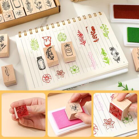 AnyDesign 26 Pcs Floral Wooden Rubber Stamps with Craft Ink Pads Vintage Flower Plant Botanical DIY Craft Stamps for Party Decor Scrapbooking Cards Making in Saudi Arabia