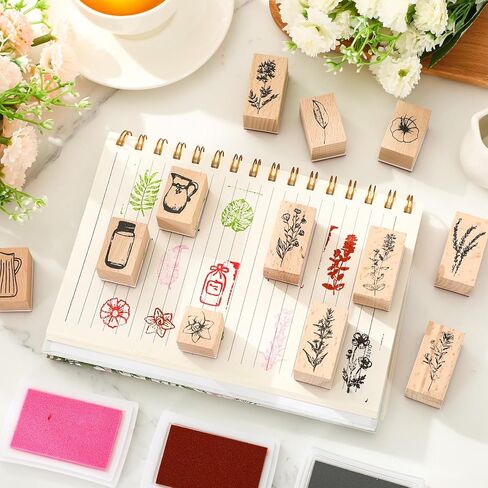 AnyDesign 26 Pcs Floral Wooden Rubber Stamps with Craft Ink Pads Vintage Flower Plant Botanical DIY Craft Stamps for Party Decor Scrapbooking Cards Making in Saudi Arabia
