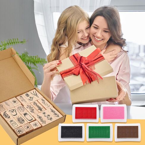 AnyDesign 26 Pcs Floral Wooden Rubber Stamps with Craft Ink Pads Vintage Flower Plant Botanical DIY Craft Stamps for Party Decor Scrapbooking Cards Making in Saudi Arabia