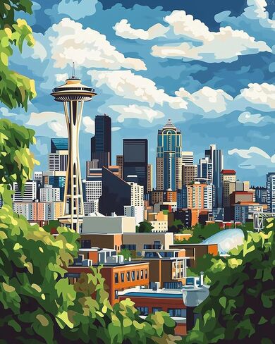 OKSGYTA Paint by Numbers Seattle City for Adults Kits, USA Washington Cityscape Easy Acrylic Adults Beginner DIY Oil Painting on Canvas for Gift Home Wall Decor Space Needle(16x20inch, No Frame) in Saudi Arabia