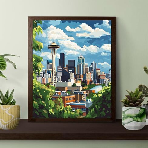 OKSGYTA Paint by Numbers Seattle City for Adults Kits, USA Washington Cityscape Easy Acrylic Adults Beginner DIY Oil Painting on Canvas for Gift Home Wall Decor Space Needle(16x20inch, No Frame) in Saudi Arabia