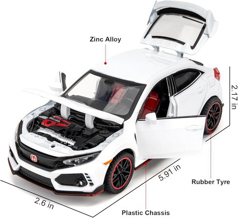1:32 Scale Civic Type R Model Car，Toy Vehicle with Sound & Light, Pull Back Function & Openable Doors - Premium Diecast Collectible with Realistic Details White in Saudi Arabia