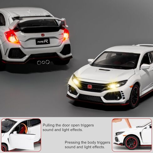 1:32 Scale Civic Type R Model Car，Toy Vehicle with Sound & Light, Pull Back Function & Openable Doors - Premium Diecast Collectible with Realistic Details White in Saudi Arabia