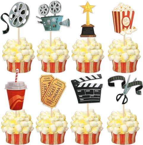 Rsstarxi 40 Pack Movie Cupcake Toppers Movie Night Roll Camera Popcorn Cupcake Picks Decorations for Hollywood Theme Baby Shower Kids Birthday Theme Party Cake Decorations in Saudi Arabia