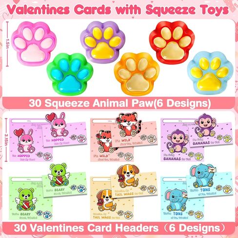 Valentines Day Cards for Kids School - 30 Packs Cute Squeeze Toys with Cards, Valentine Party Favors Toys for Boys & Girls, Ideal Exchange Cards for Classroom in Saudi Arabia