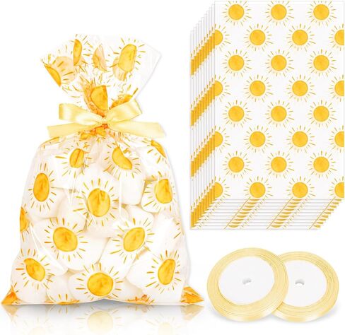 FYSUIMU 100Pcs Boho Sun Cellophane Treat Bags Summer Cute Yellow Sunshine Plastic Candy Cookie Bags Cello Goodie Bag with Ribbons for First Birthday Baby Shower Wedding Groovy Retro Hippie Party Favor in Saudi Arabia