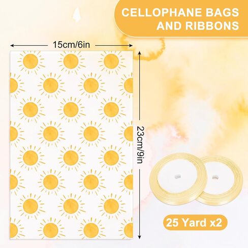 FYSUIMU 100Pcs Boho Sun Cellophane Treat Bags Summer Cute Yellow Sunshine Plastic Candy Cookie Bags Cello Goodie Bag with Ribbons for First Birthday Baby Shower Wedding Groovy Retro Hippie Party Favor in Saudi Arabia