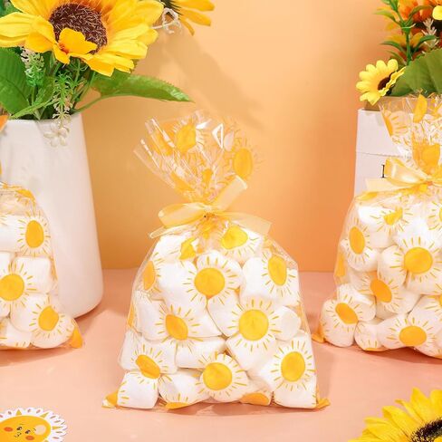 FYSUIMU 100Pcs Boho Sun Cellophane Treat Bags Summer Cute Yellow Sunshine Plastic Candy Cookie Bags Cello Goodie Bag with Ribbons for First Birthday Baby Shower Wedding Groovy Retro Hippie Party Favor in Saudi Arabia