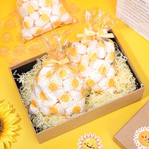 FYSUIMU 100Pcs Boho Sun Cellophane Treat Bags Summer Cute Yellow Sunshine Plastic Candy Cookie Bags Cello Goodie Bag with Ribbons for First Birthday Baby Shower Wedding Groovy Retro Hippie Party Favor in Saudi Arabia