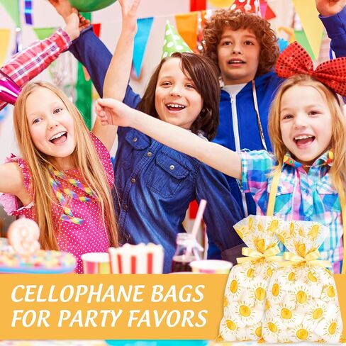 FYSUIMU 100Pcs Boho Sun Cellophane Treat Bags Summer Cute Yellow Sunshine Plastic Candy Cookie Bags Cello Goodie Bag with Ribbons for First Birthday Baby Shower Wedding Groovy Retro Hippie Party Favor in Saudi Arabia