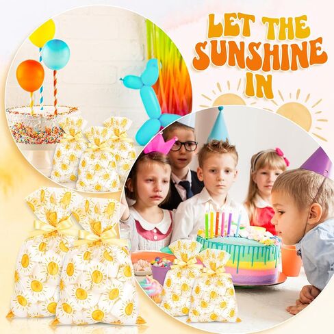 FYSUIMU 100Pcs Boho Sun Cellophane Treat Bags Summer Cute Yellow Sunshine Plastic Candy Cookie Bags Cello Goodie Bag with Ribbons for First Birthday Baby Shower Wedding Groovy Retro Hippie Party Favor in Saudi Arabia