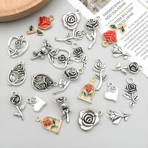 WOCRAFT 48pcs Love Heart Bracelet Charms for Jewelry Making Valentine Wedding Rose Flower Charms for DIY Necklace Keychain Craft Supplies (SN439) in Saudi Arabia