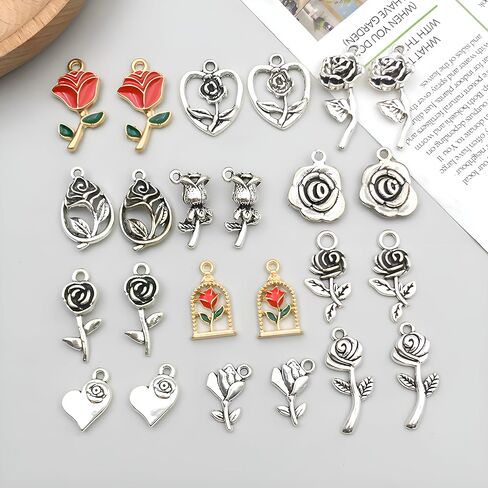 WOCRAFT 48pcs Love Heart Bracelet Charms for Jewelry Making Valentine Wedding Rose Flower Charms for DIY Necklace Keychain Craft Supplies (SN439) in Saudi Arabia