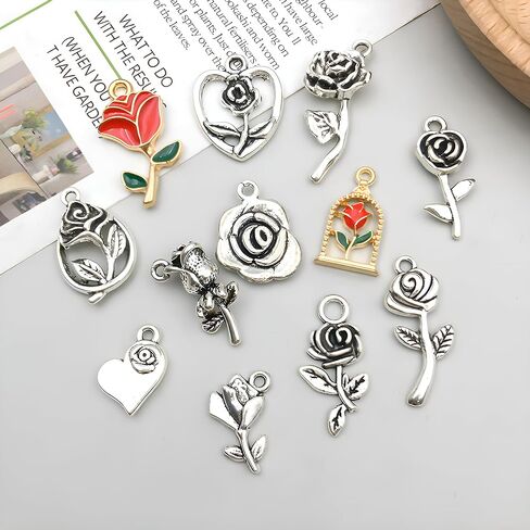WOCRAFT 48pcs Love Heart Bracelet Charms for Jewelry Making Valentine Wedding Rose Flower Charms for DIY Necklace Keychain Craft Supplies (SN439) in Saudi Arabia