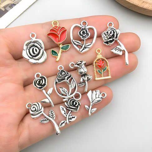 WOCRAFT 48pcs Love Heart Bracelet Charms for Jewelry Making Valentine Wedding Rose Flower Charms for DIY Necklace Keychain Craft Supplies (SN439) in Saudi Arabia