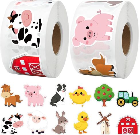 1200 Pcs Farm Animal Stickers Roll 1.5'' Farm Theme Self-Adhesive Sticker Labels 12 Designs Barnyard Animal Cow Sheep Pig Incentive Decals for Classroom Teacher Reward Office Envelope Gift Party Decor in Saudi Arabia