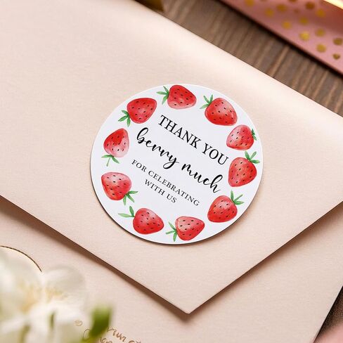 ملصقات هدايا الحفلات التي تحمل عنوان Thanks You Berry Much Strawberry - 120 × ملصقات هدايا لحفلات أعياد الميلاد بالفراولة - ملصقات مستديرة مقاس 1.6 سم لعيد الميلاد الأول شكرًا لك in Kuwait