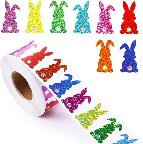 FOBSME 800 Pcs Easter Bunny Stickers Roll Holographic Rabbit Shape Seal Stickers 8 Colors Waterproof Self-Adhesive Label Decals for Spring Holiday Party Decor Envelope Present Wrapping Supplies in Saudi Arabia