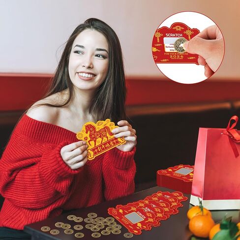 Wiooffen 50 قطعة من بطاقات السنة الصينية الجديدة للخدش سنة التنين، بطاقات الحظ للخدش مع 25 عملة معدنية صينية 2024 ديكورات حفلات السنة الصينية الجديدة لوازم حفلات السنة القمرية الجديدة in Kuwait